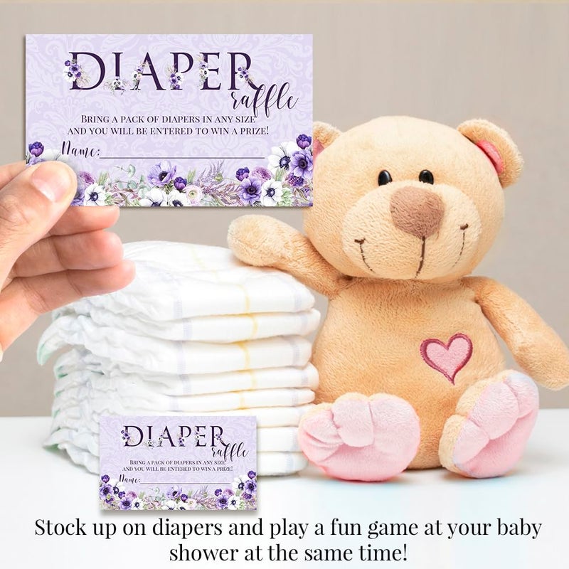 Amanda Creation Watercolor Violet Floral Diaper Raffle Tickets for Baby Showers, 20 2" X 3â€ Double Sided Insert Cards for Games by AmandaCreation, Bring a Pack of Diapers to Win Favors & Prizes! - Image 3